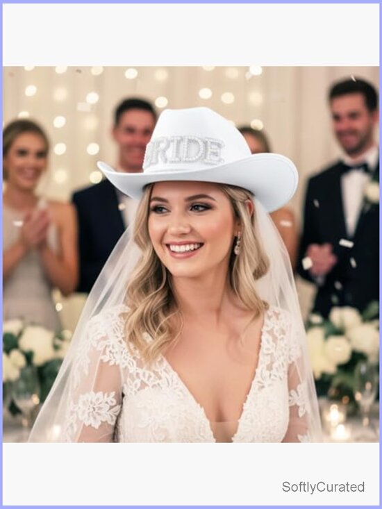 Cowboy Hat with Veil Bridal Shower Bachelorette Party Bride Pearl Rhinestones main image 7